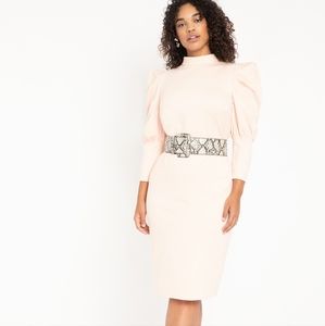 Eloquoii Pink Turtleneck Bodycon Dress with Puff Sleeves 24